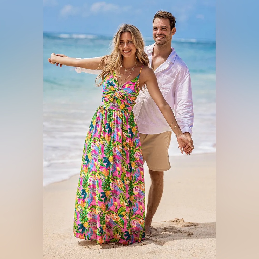 Cupshe Pink Tropical Floral Maxi Dress Open Tie Back Size Medium